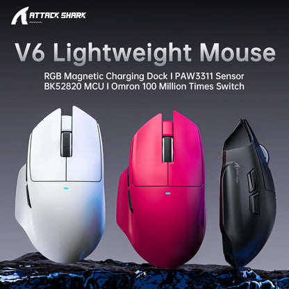 ATTACK SHARK V6 Wireless Gaming Mouse, Superlight RGB Gaming Mouse with Magnetic Charging Dock, PAW3311 Sensor, Tri-Mode Bluetooth Gaming Mouse