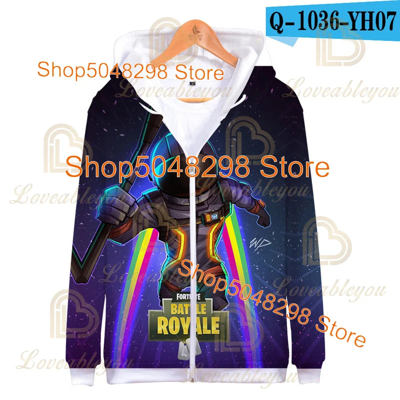 Sweatshirt Fortnite para Adultos e Crianças, Hoodie Infantil com Fecho, Estampado 3D de Jogo, para Rapazes e Raparigas, Estilo Harajuku, Manga Comprida, Roupa para Adolescentes