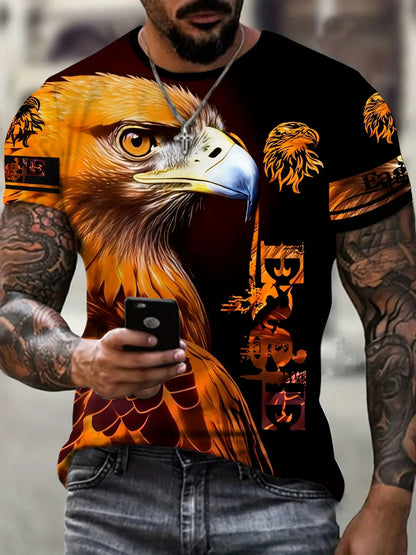 Fashion Men's 3D Eagle Print T-Shirt Black Gold Eagle Graphic Tee Breathable Crew Neck Streetwear Short Sleeve Top for Men