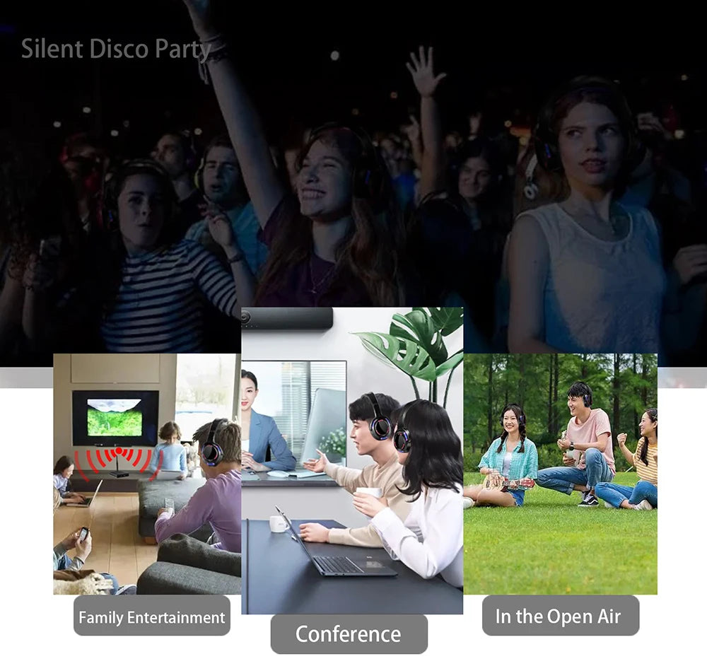 Silent Disco Wireless Headphones RF LED DJ Party Headset 863–865MHz/915MHz with 3-Channel LED Lighting & 10H Battery