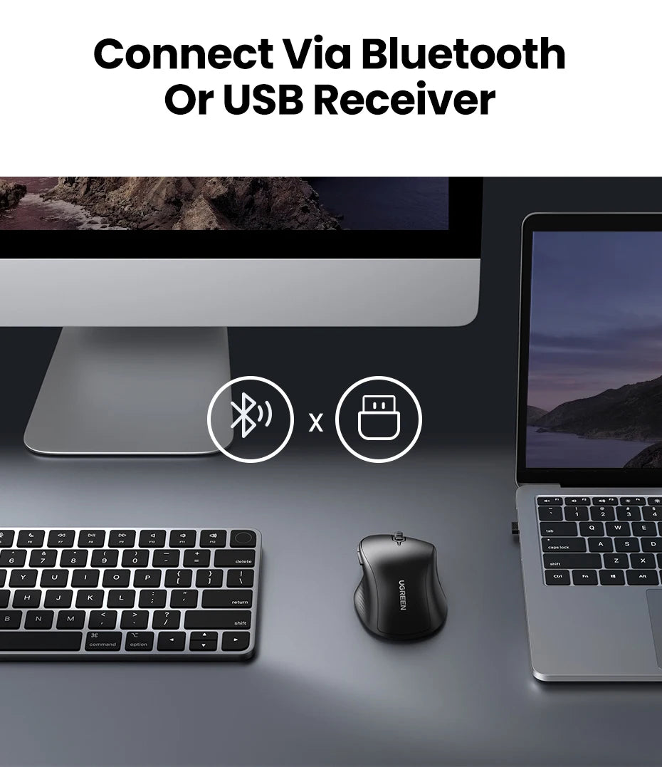 UGREEN Wireless Mouse Bluetooth 5.0 Ergonomic Mouse, 4000 DPI Silent Wireless Mouse with 2.4G USB Receiver, 6 Buttons for MacBook, Laptop, PC & Tablet