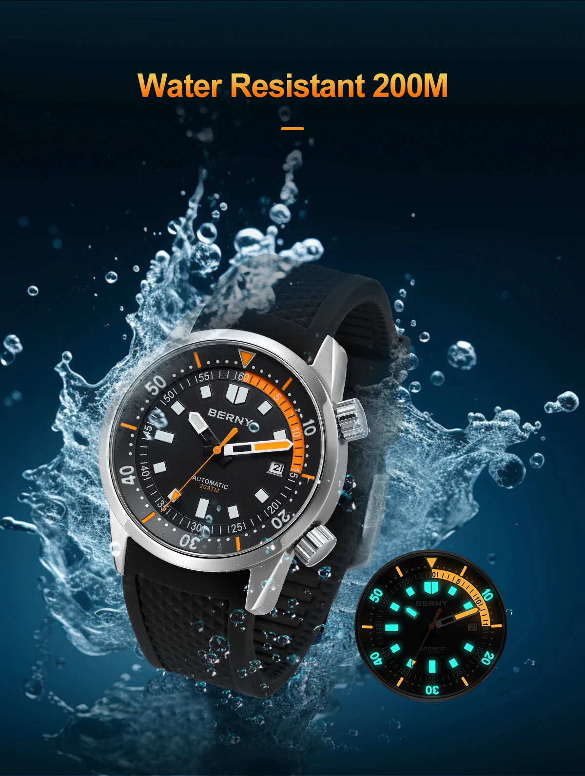 BERNY Men's Dive Watches 200M Waterproof Super Luminous Automatic Mechanical Diver Watch 42mm Sapphire Swim Diving Wristwatch