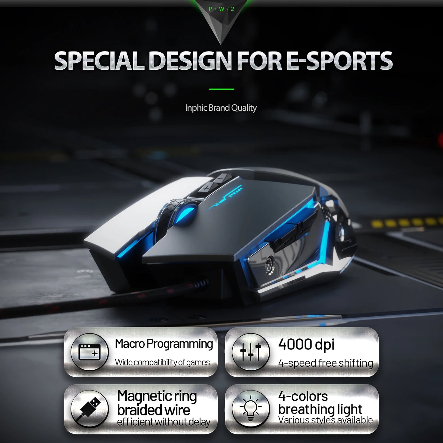 INPHIC W2 Gaming Mouse 8800 DPI Wired USB Optical Mouse with 6 Programmable Buttons, Silent Click, Ergonomic Design & RGB Breathing Light
