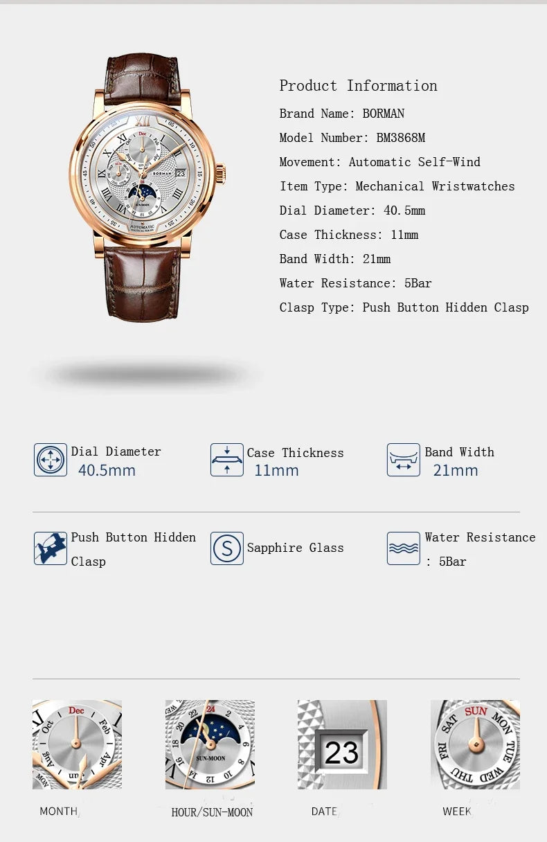 BORMAN BM3868  New 40mm  Luxury Men Automatic Mechanical Men's Watches Sapphire Multi-function Waterproof Moon Phase Clocks