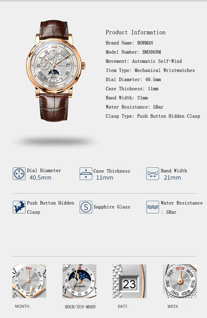 BORMAN BM3868  New 40mm  Luxury Men Automatic Mechanical Men's Watches Sapphire Multi-function Waterproof Moon Phase Clocks