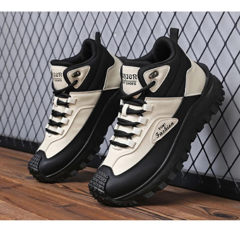 Botas de senderismo de caña media para hombre, en blanco y negro, de cuero impermeable, con plataforma, zapatillas antideslizantes para exterior, calzado informal con suela resistente