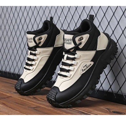 Botas de senderismo de caña media para hombre, en blanco y negro, de cuero impermeable, con plataforma, zapatillas antideslizantes para exterior, calzado informal con suela resistente