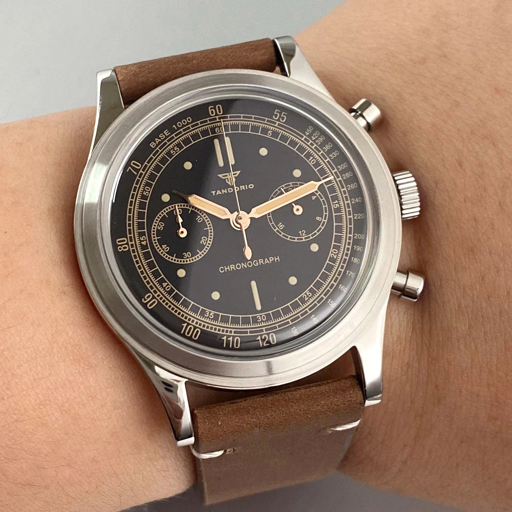 38mm Tandorio Retro Men's Watch Sport Watches Miyota OS20 Movement Chronograph Quartz Clock Black Dial Bubble Arched Glass