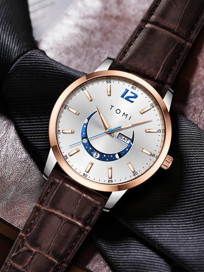 TOMI quartz watch, business-style and elegant, with a leather strap, alloy case and analogue dial – High-end design, a gift idea for men