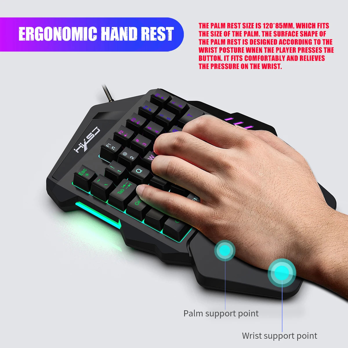 Ergonomic One-Handed Gaming Keyboard, 35-Key Compact Design, RGB Lighting, USB Powered, Thin Film Keys for Enhanced Gaming