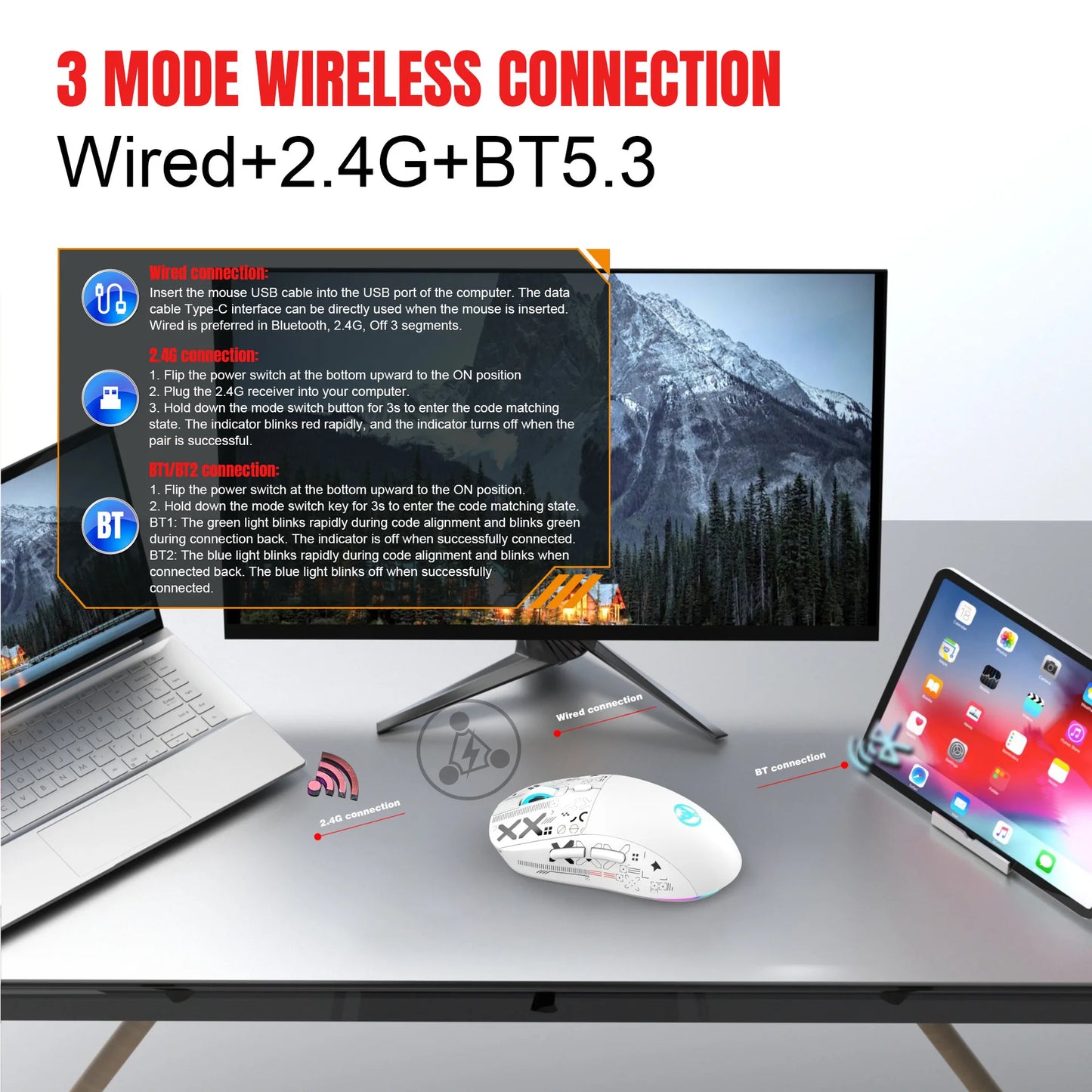 HXSJ T90 Bluetooth Gaming Mouse, 3 Modes Wireless Rechargeable RGB Gaming Mouse, Bluetooth 5.3 & 2.4G USB Gaming Mouse for PC, Laptop, Mac, iPad & Tablet