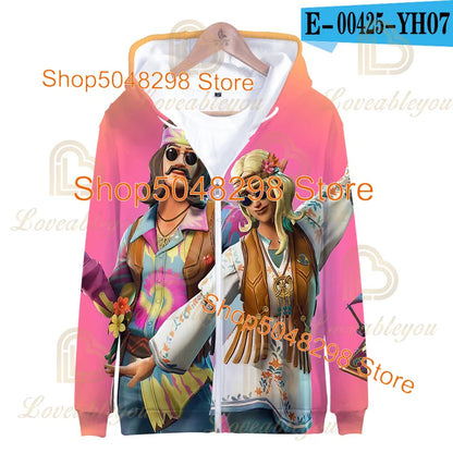 Sweatshirt Fortnite para Adultos e Crianças, Hoodie Infantil com Fecho, Estampado 3D de Jogo, para Rapazes e Raparigas, Estilo Harajuku, Manga Comprida, Roupa para Adolescentes