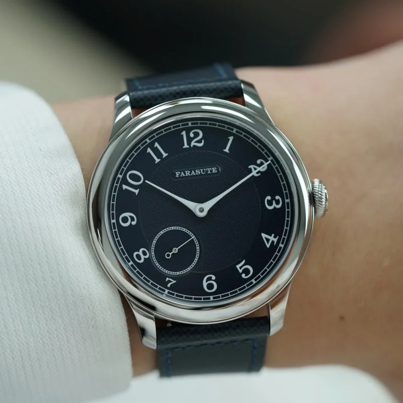 FARASUTE NEW Machinery Herrenuhr mit lachsfarbenem Zifferblatt, ST17 Handaufzug-Mechanikuhr, Kleine Sekunde, Vintage-Bonklip-Armband