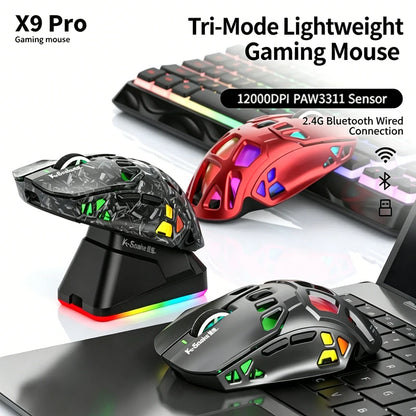Lahka gaming miška Lenovo Tri-Mode z RGB polnilno postajo, 12000DPI, 2.4G/Bluetooth/žično, ergonomska miška za PC in prenosnik