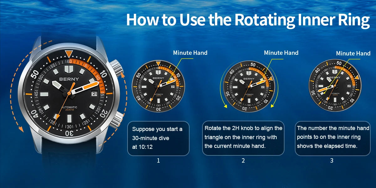 BERNY Men's Dive Watches 200M Waterproof Super Luminous Automatic Mechanical Diver Watch 42mm Sapphire Swim Diving Wristwatch