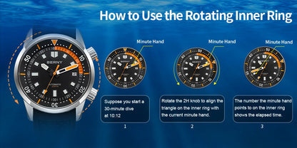 BERNY Men's Dive Watches 200M Waterproof Super Luminous Automatic Mechanical Diver Watch 42mm Sapphire Swim Diving Wristwatch