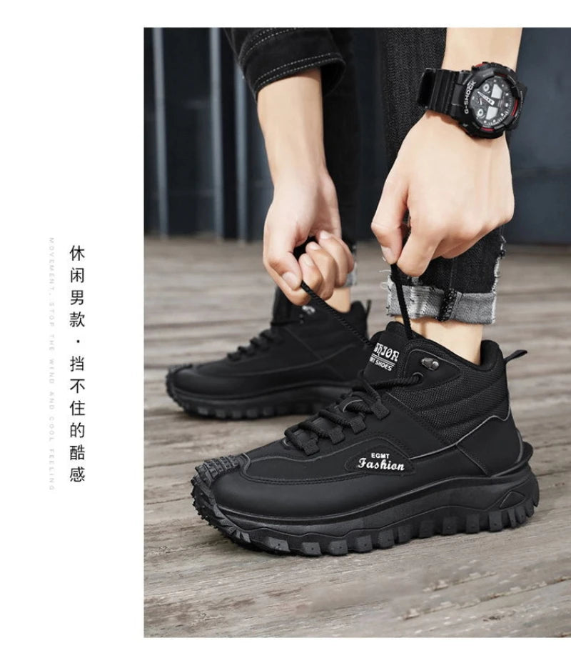 Botas de senderismo de caña media para hombre, en blanco y negro, de cuero impermeable, con plataforma, zapatillas antideslizantes para exterior, calzado informal con suela resistente