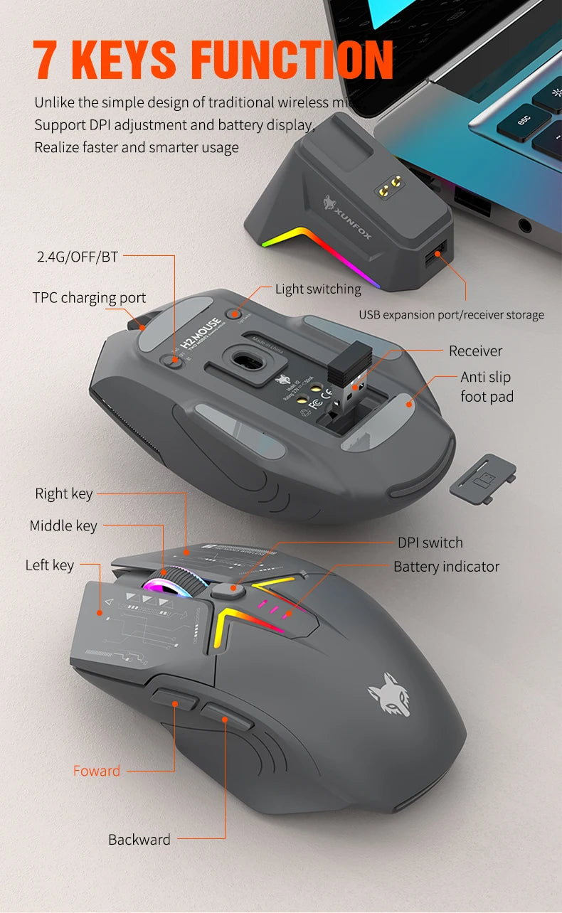 XUNSVFOX H2 trådlös Bluetooth-mus med dubbla lägen, RGB-belysning, för laptop, gaming och kontor, magnetisk laddning