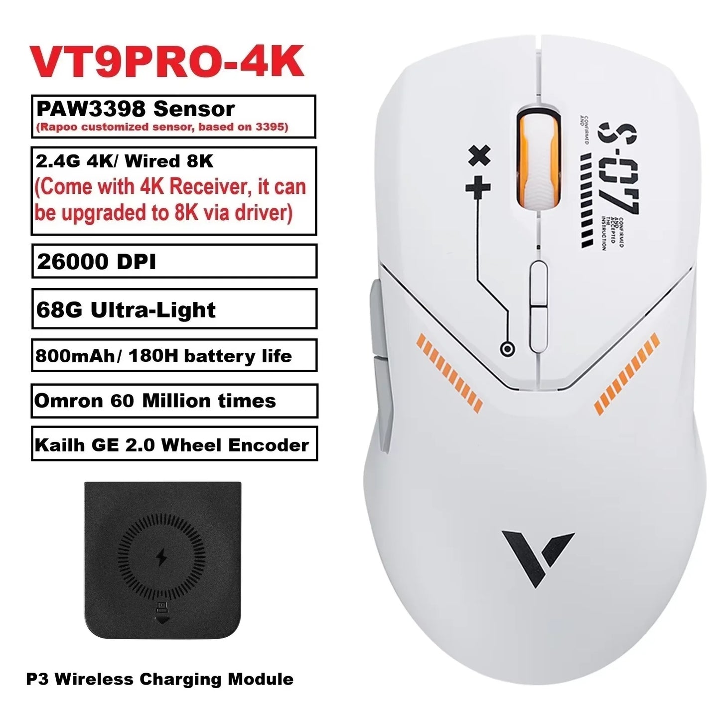 Rapoo VT9PRO Wireless Gaming Mouse PAW3398 26000 DPI Lightweight Programmable Ergonomic Gaming Mouse with Type-C Rechargeable Dual Mode