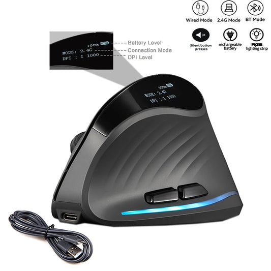 Rechargeable Wireless Vertical Mouse with Screen Display, Ergonomic Bluetooth Mouse, Programmable 6-Button Wireless Gaming Mouse for PC, Laptop & Desktop