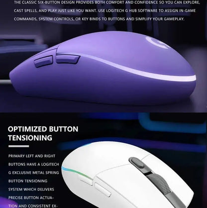Logitech G203 LIGHTSYNC Wired Gaming Mouse 8000 DPI RGB Sensor, 6 Buttons Mechanical Tensioning USB Mouse for Gaming & Office