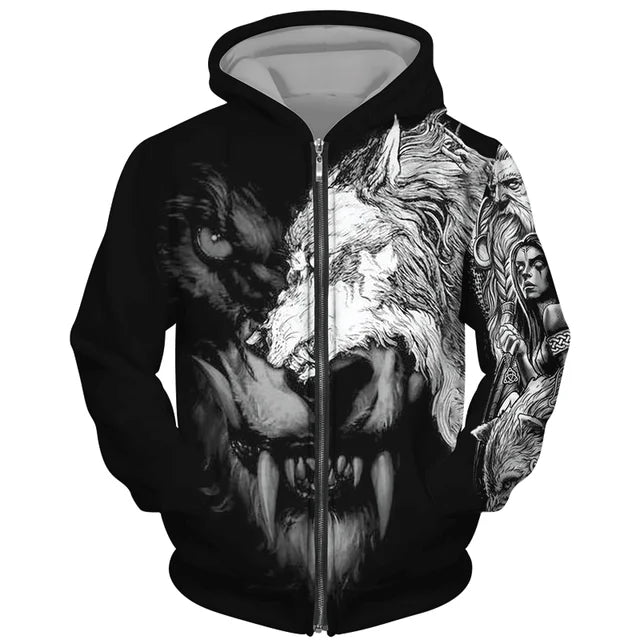 Sweat à capuz com fecho e estampado 3D de lobo, estilo streetwear, para homem/mulher, casaco com capuz unissexo casual hip-hop
