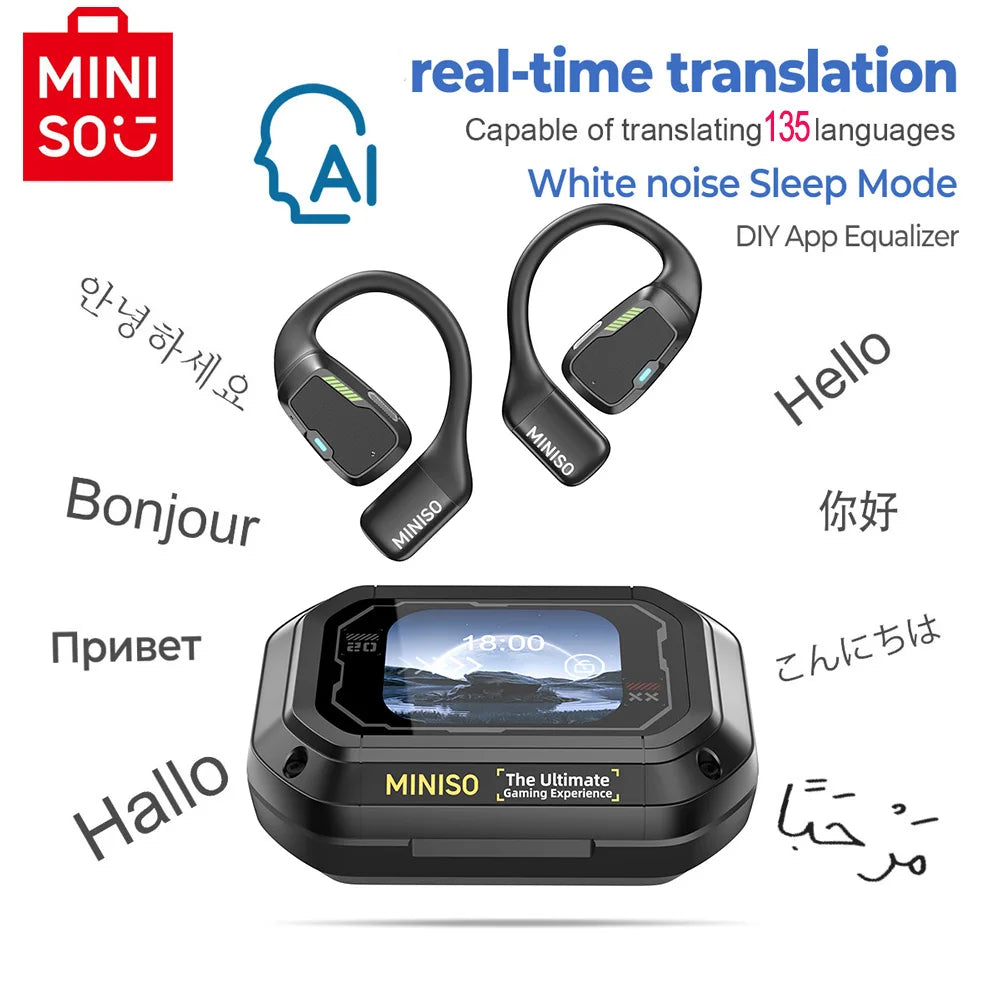 AI MINISO M98 Wireless Headphones OWS Bluetooth Earphones with AI Translator, Gaming Headset, Open Ear Sports Earbuds, LCD Touch Screen IPX5 Waterproof