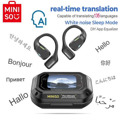 AI MINISO M98 Wireless Headphones OWS Bluetooth Earphones with AI Translator, Gaming Headset, Open Ear Sports Earbuds, LCD Touch Screen IPX5 Waterproof