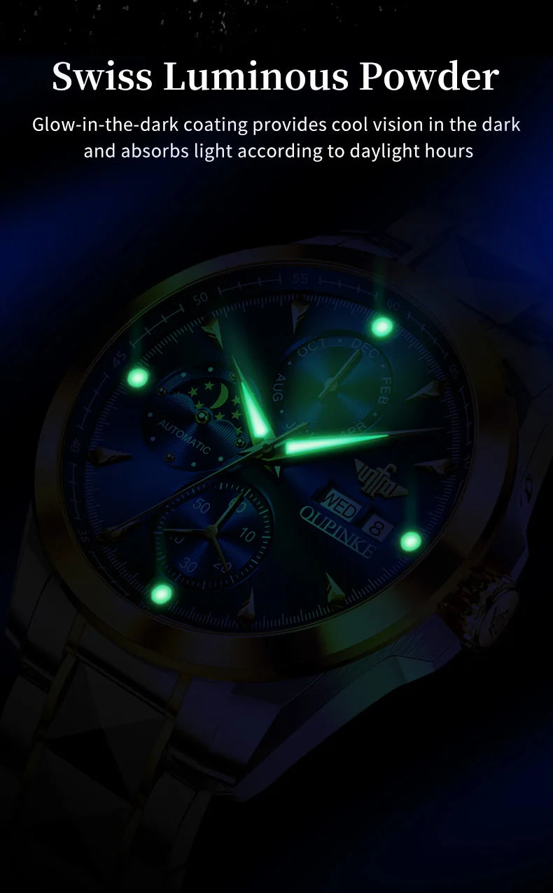 OUPINKE 3299 Automatic Man Watch Exclusive Dual Calendar Luxury Mechanical Wristwatches Moon Phase Waterproof Chronogprah Watch