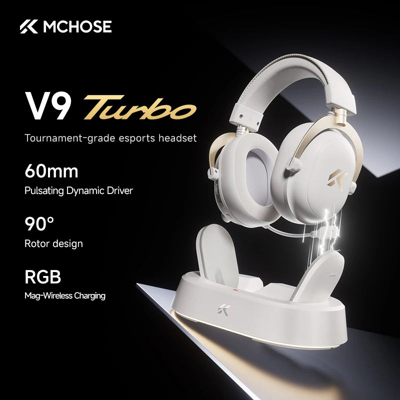MCHOSE V9 Turbo Wireless Gaming Headset 7.1 Surround Sound RGB Esports Headphones with 60mm Drivers, Noise Cancelling Mic & Charging Base