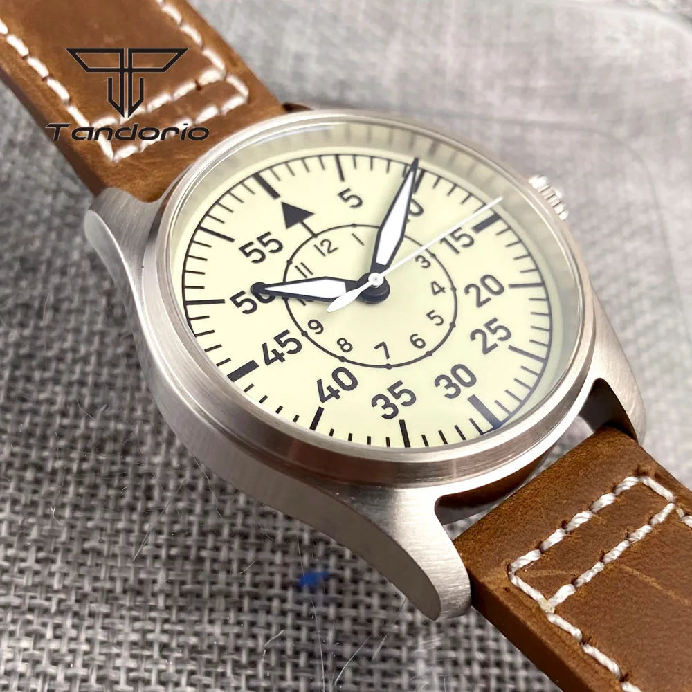 Tandorio Full Luminous Dial 39mm Men's Mechanical Pilot Watch Automatic Miyota 8215 PT5000 Steel Wristwatch AR Sapphire Crystal