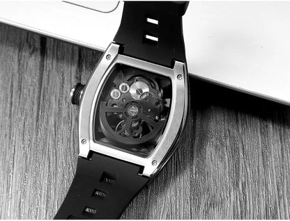 MINI FOCUS Men's Wristwatch Fashion Black Waterproof Automatic Mechanical Watch with Luminous Hands Silicone Strap Tonneau Dial