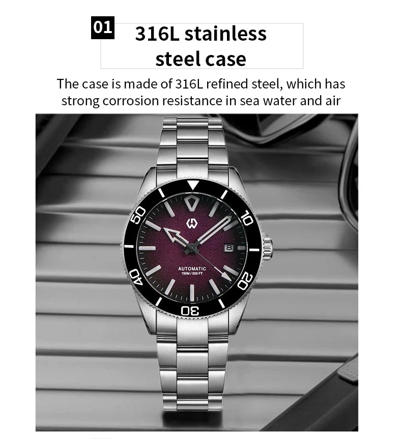 WSD9017 Men's Automatic Watch Mechanical 3D Dimensional Luminous Watch Needle Ceramic Bezel 150 Meters Waterproof Diving