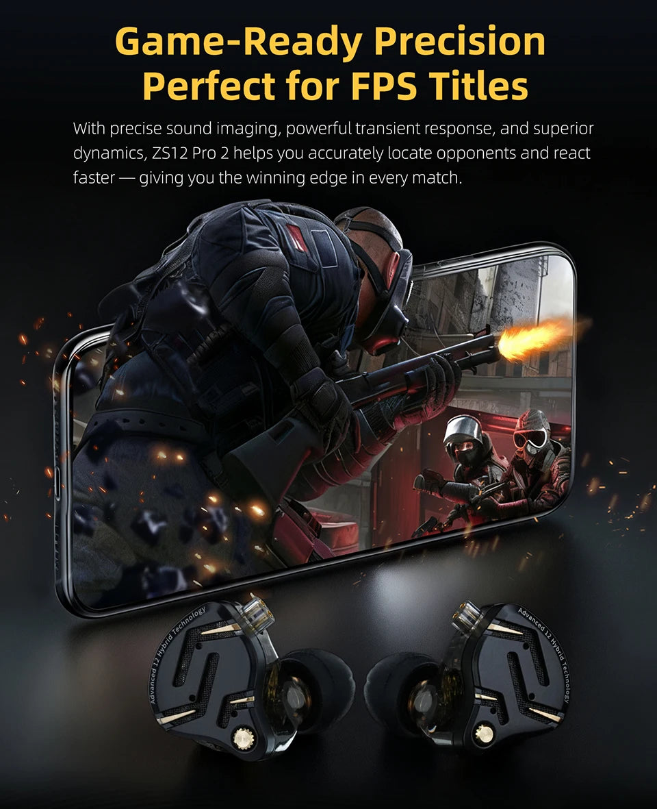 Auriculares intraaurales híbridos KZ ZS12 PRO 2 – Auriculares gaming con cable, graves HiFi y drivers superlineales
