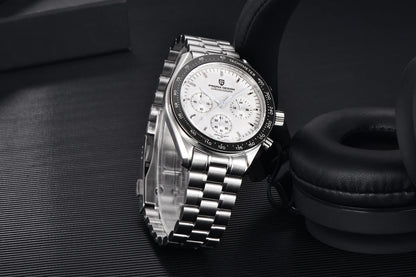 Zegarek męski PAGANI DESIGN „New Moon” – luksusowy zegarek kwarcowy, chronograf, szkło szafirowe z powłoką antyrefleksyjną, ceramiczna ramka, świecące wskazówki