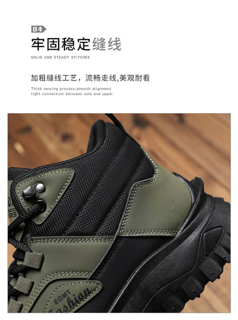 Botas de senderismo de caña media para hombre, en blanco y negro, de cuero impermeable, con plataforma, zapatillas antideslizantes para exterior, calzado informal con suela resistente