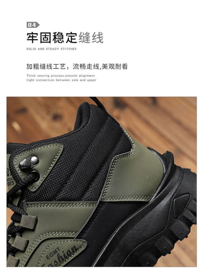 Botas de senderismo de caña media para hombre, en blanco y negro, de cuero impermeable, con plataforma, zapatillas antideslizantes para exterior, calzado informal con suela resistente