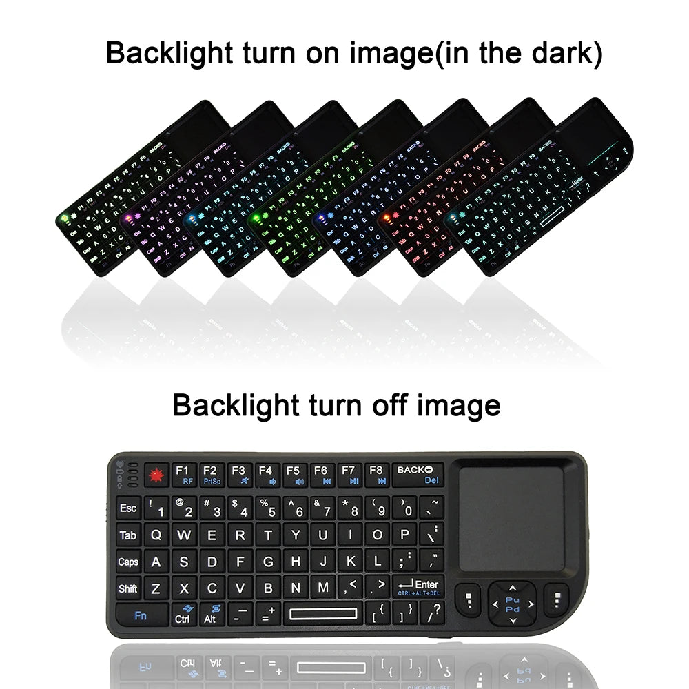 A8 Mini Wireless Keyboard 2.4G 7 Color Backlit 3 in1 Handheld Keyboard with Touchpad Air Mouse for Android TV Box PC Tablet