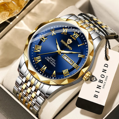 Montre-bracelet de luxe à quartz BINBOND Original Brand pour homme, lumineuse, étanche, date automatique, affichage du jour de la semaine, style décontracté.