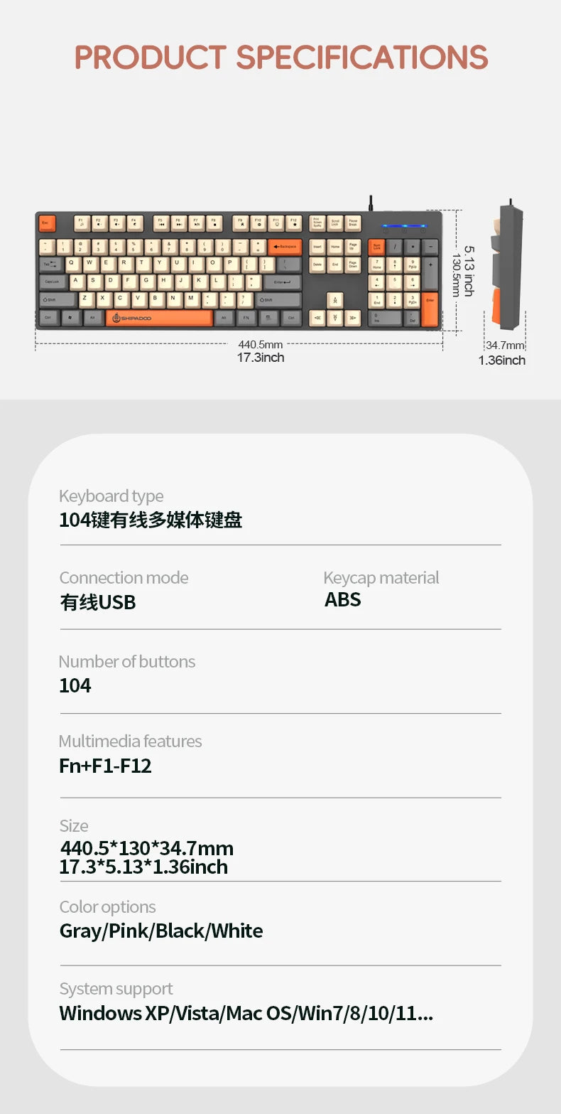 104Keys Wired Gaming Keyboard Ergonomics Splash Water Colorful ABS Wear-resistant Keycaps Keyboards with Technology Light Key