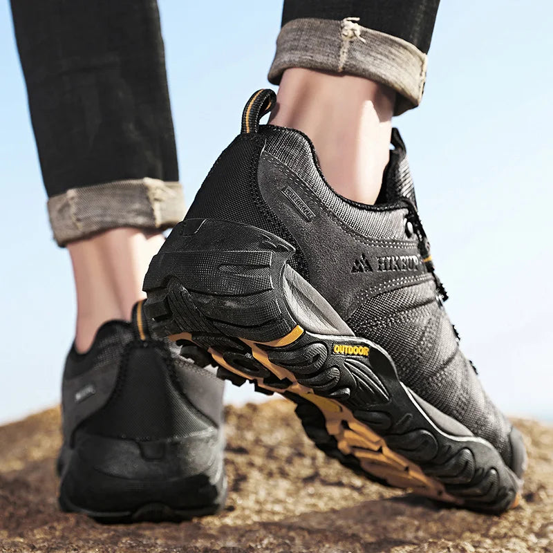 HIKEUP Four-Season Men's Hiking Shoes Outdoor Sports Genuine Leather Wear-Resistant Climbing Shoes Rubber Sole Trekking Sneaker