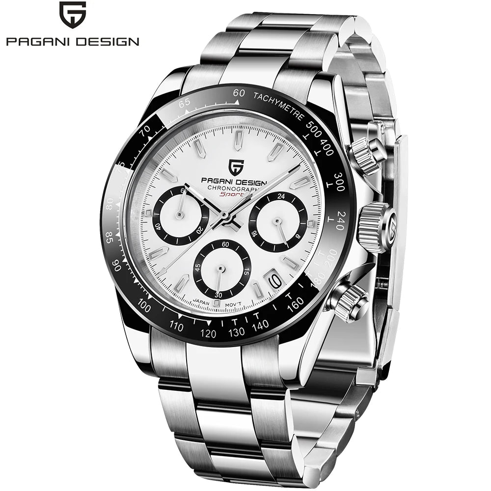 Męski zegarek chronograf PAGANI DESIGN – Luksusowy zegarek na rękę z mechanizmem kwarcowym, podświetlany i wodoodporny.
