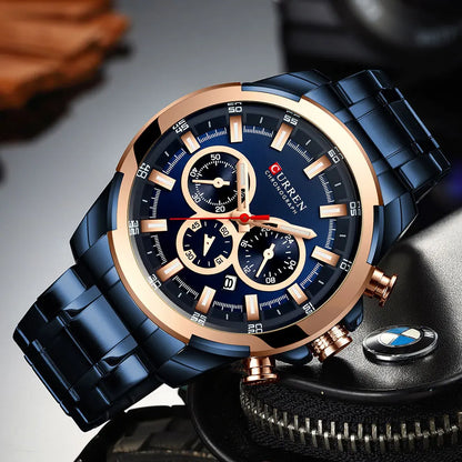 Pánské chronografové hodinky CURREN, velký ciferník o průměru 48 mm, náramek z nerezové oceli, tři pomocné ciferníky, sportovní náramkové hodinky s quartzovým strojkem, luxusní styl