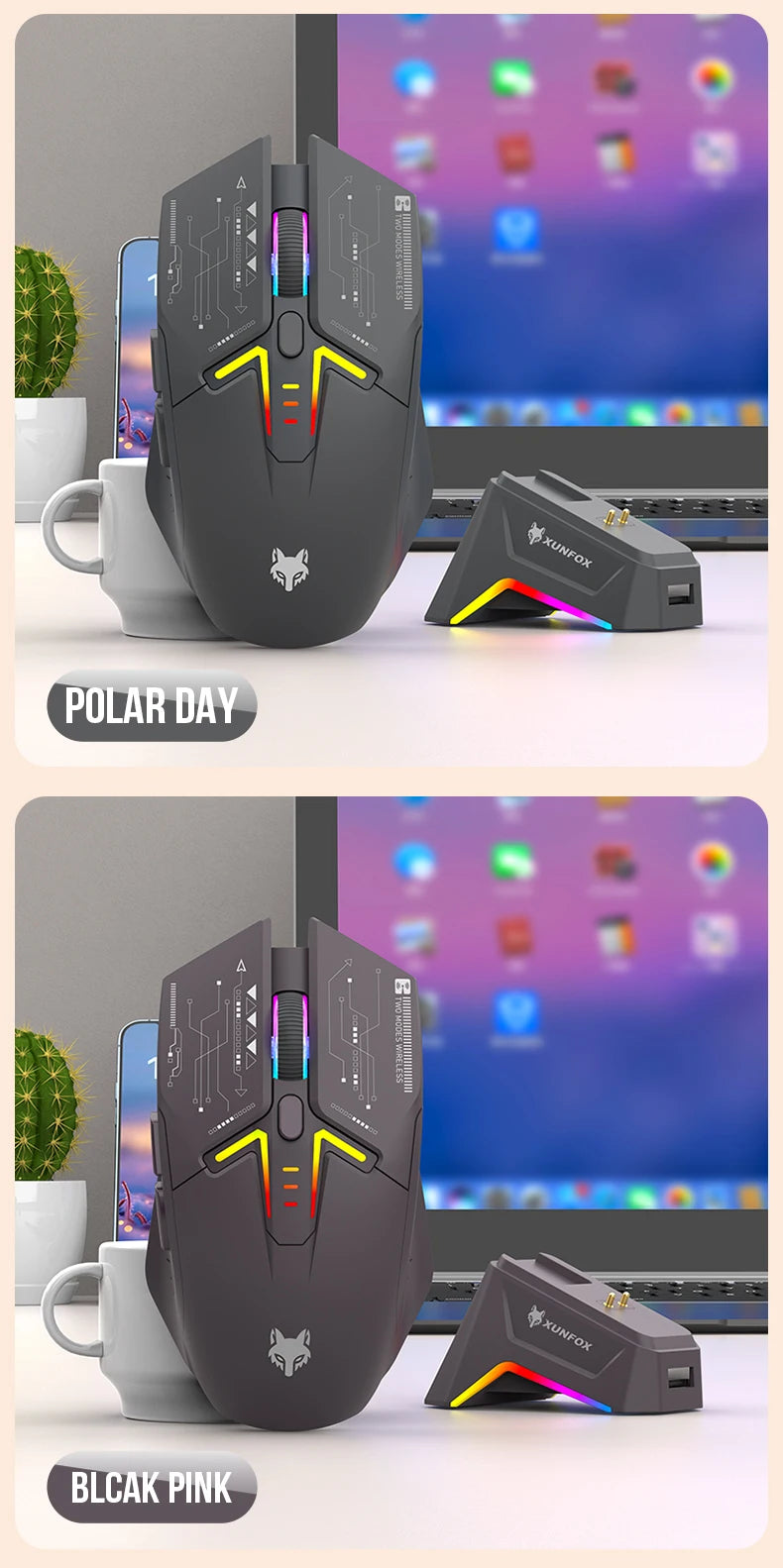 XUNSVFOX H2 trådlös Bluetooth-mus med dubbla lägen, RGB-belysning, för laptop, gaming och kontor, magnetisk laddning