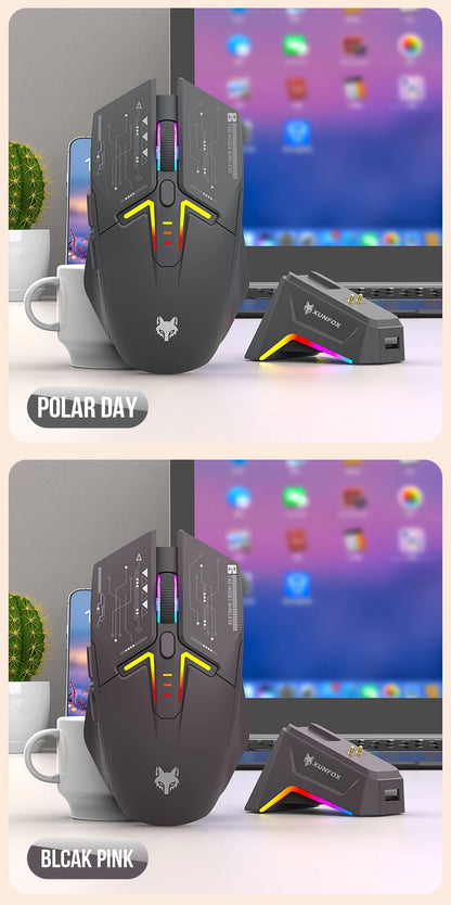 XUNSVFOX H2 trådlös Bluetooth-mus med dubbla lägen, RGB-belysning, för laptop, gaming och kontor, magnetisk laddning