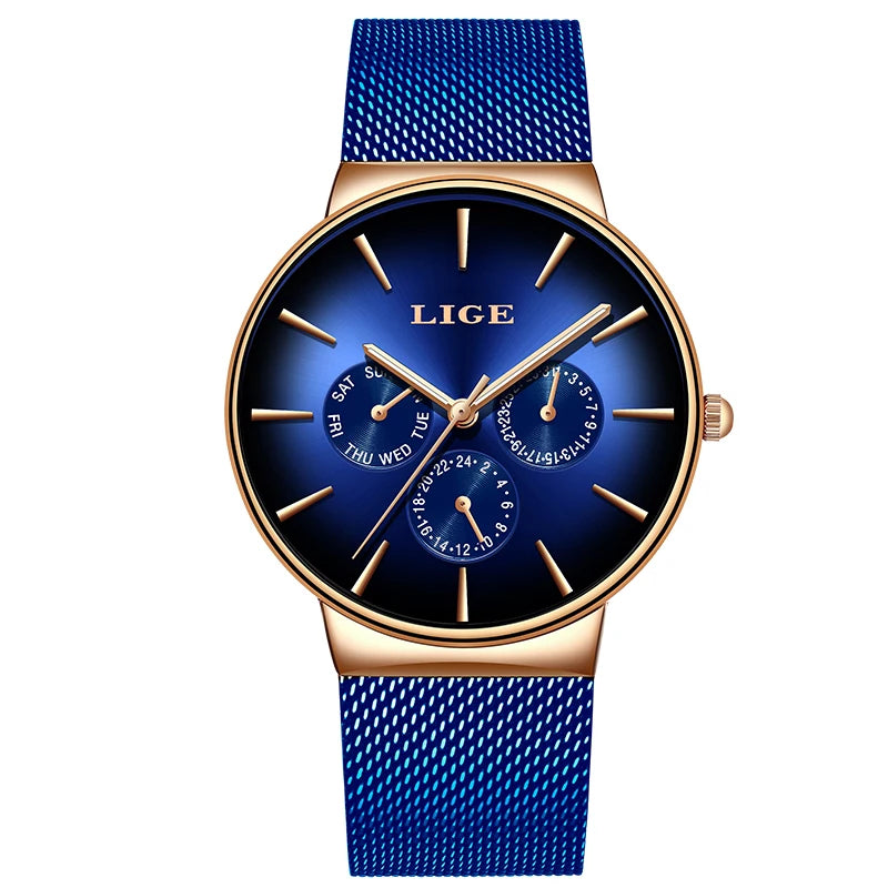 Montre pour femme LIGE, élégante et tendance – Style sport-décontracté, bracelet en maille, mouvement à quartz, affichage de la date et du jour, étanche.