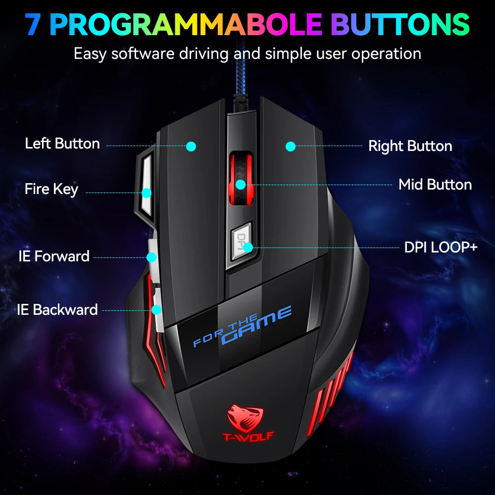 T-WOLF M1 Wired Gaming Mouse 7-Button RGB Backlit Ergonomic USB Gaming Mouse for PC Gamers with Adjustable DPI