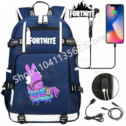 Mochila Red Jade F-Fortnited Battle Royale com carregamento USB, figuras anime e compartimento para material escolar para estudantes