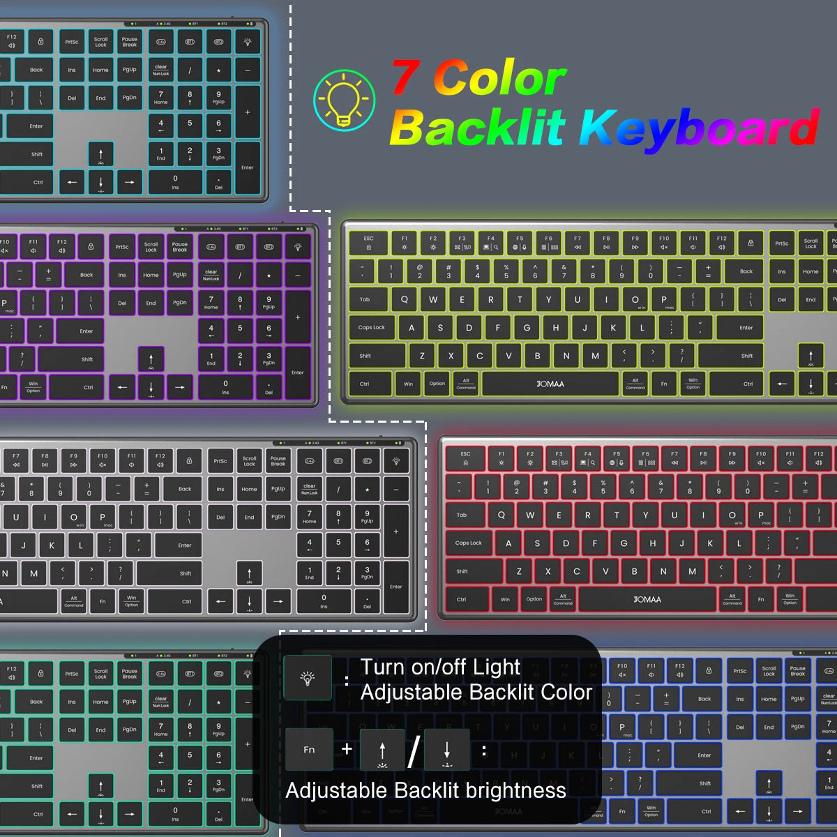 Jomaa Wireless Bluetooth Keyboard Multi-Device Full Size Wireless Backlight Keyboard with Number Pad,for Windows/PC/Laptop/Phone