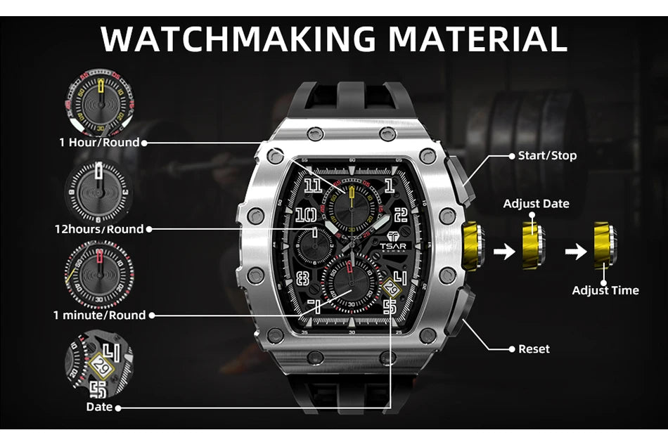 TSAR BOMBA Watch for Men Luxury Brand Tonneau Design Waterproof Clock Stainless Steel Wristwatch Fashion Rectangle Mens Watch